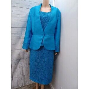 Giovanna 3 Pcs Blazer Jacket Skirt Top Suit Set Beaded Lace Blue Sz 14